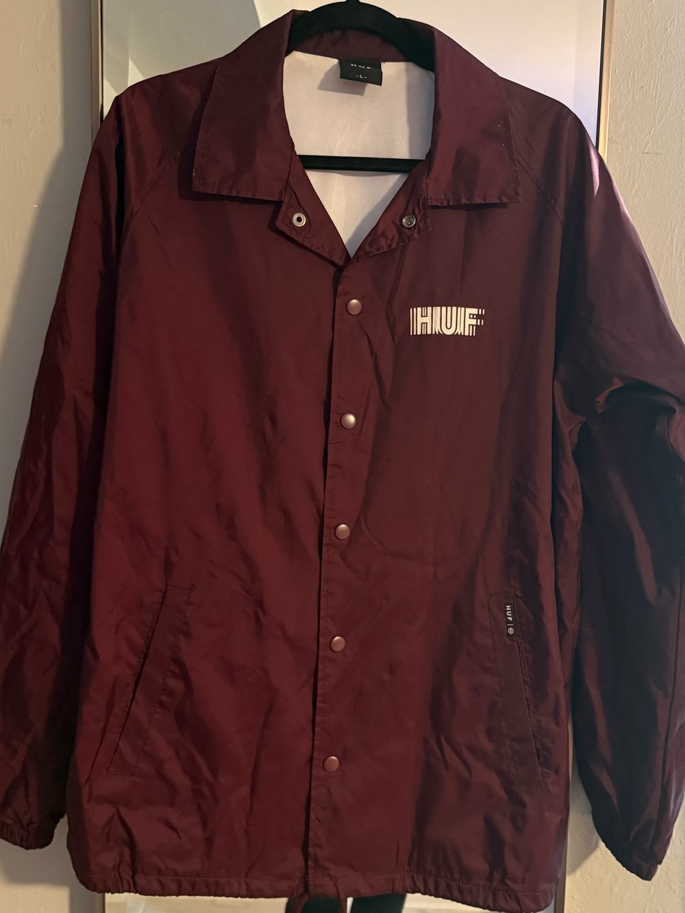 HUF Coach Jacket Burgundy Large | Snap Front Windbreaker | Skate Streetwear Logo